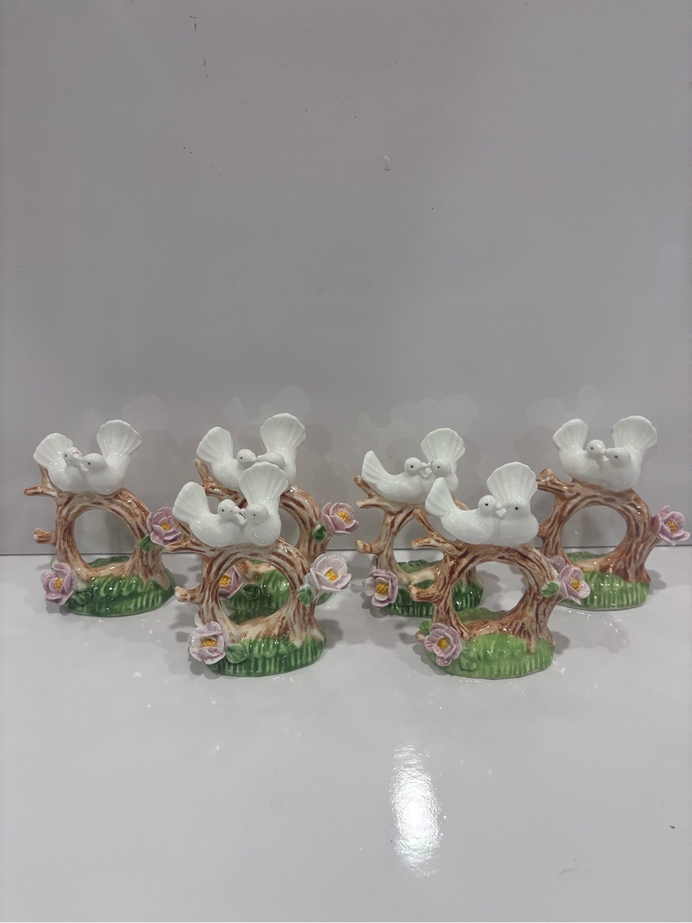 Vintage porcelain white dove on flowering tree napkin ring holders- set of 6